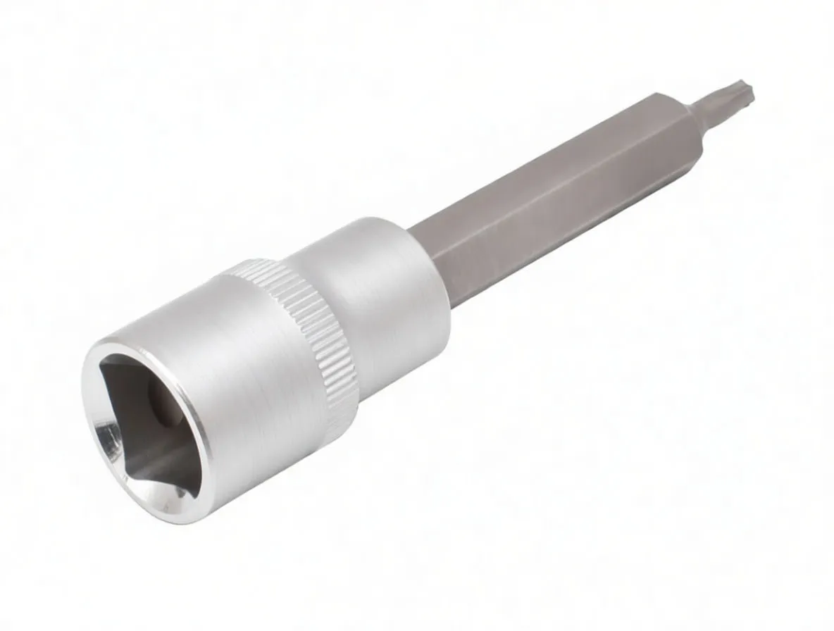 Socket-side perspective of a chrome 1/2" drive adapter with hex shank and Torx T20 tip, showing square drive recess and knurled sleeve.