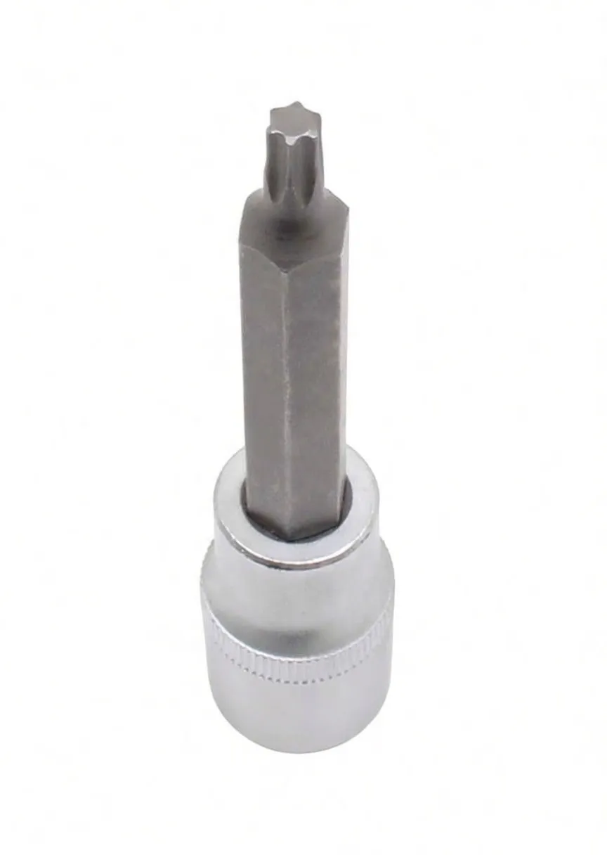 Top view of the Torx tip and hex shank emerging from the 1/2" socket, showing six-lobed Torx profile and socket collar