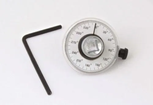 Angular torque gauge dial with degree markings and central square drive next to an L-shaped hex key on a white background