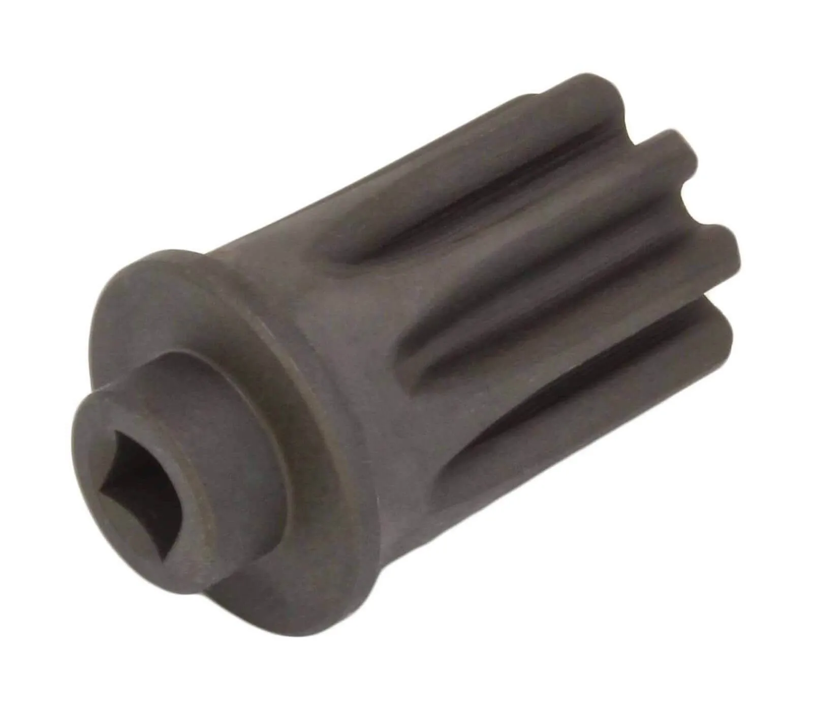 Angled view of splined rotor with flange and square socket recess, eight external splines and matte metal finish