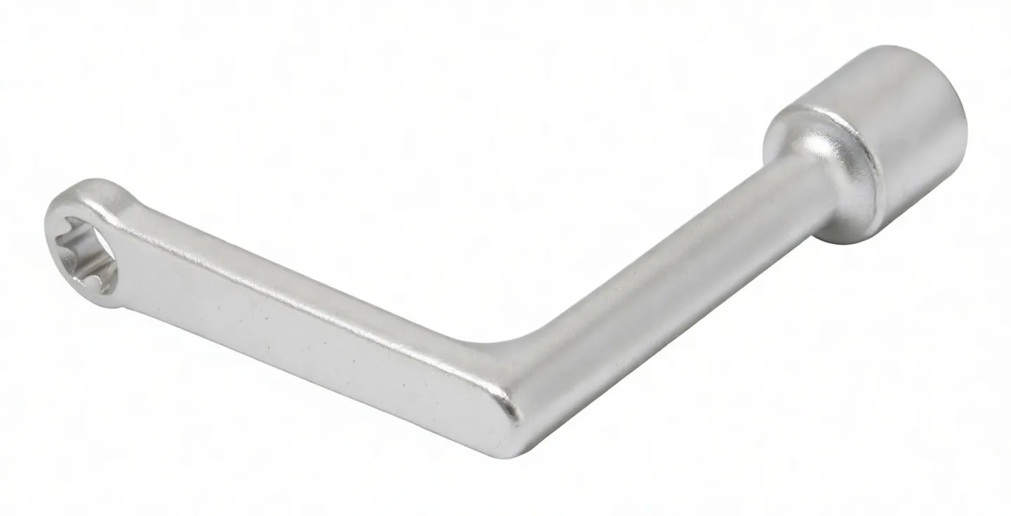 Side angle of offset wrench showing bent shank, multi-point ring, and socket with side hole