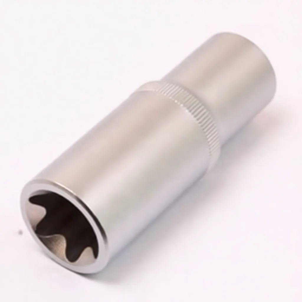 Angled side view of E-type short socket showing star-shaped opening and stamped size marking