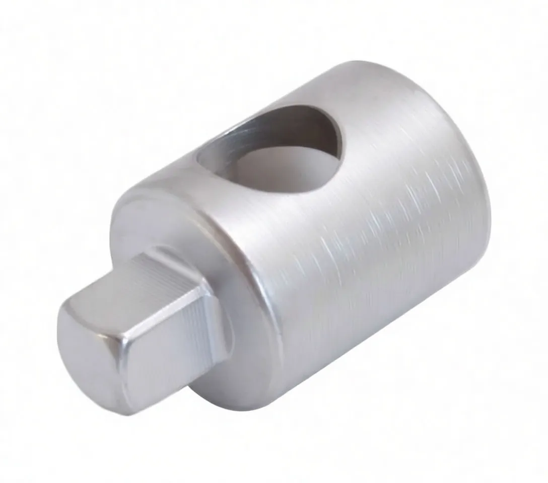Angled view of chrome socket adapter showing square drive, cylindrical body and side access hole with stamped marking