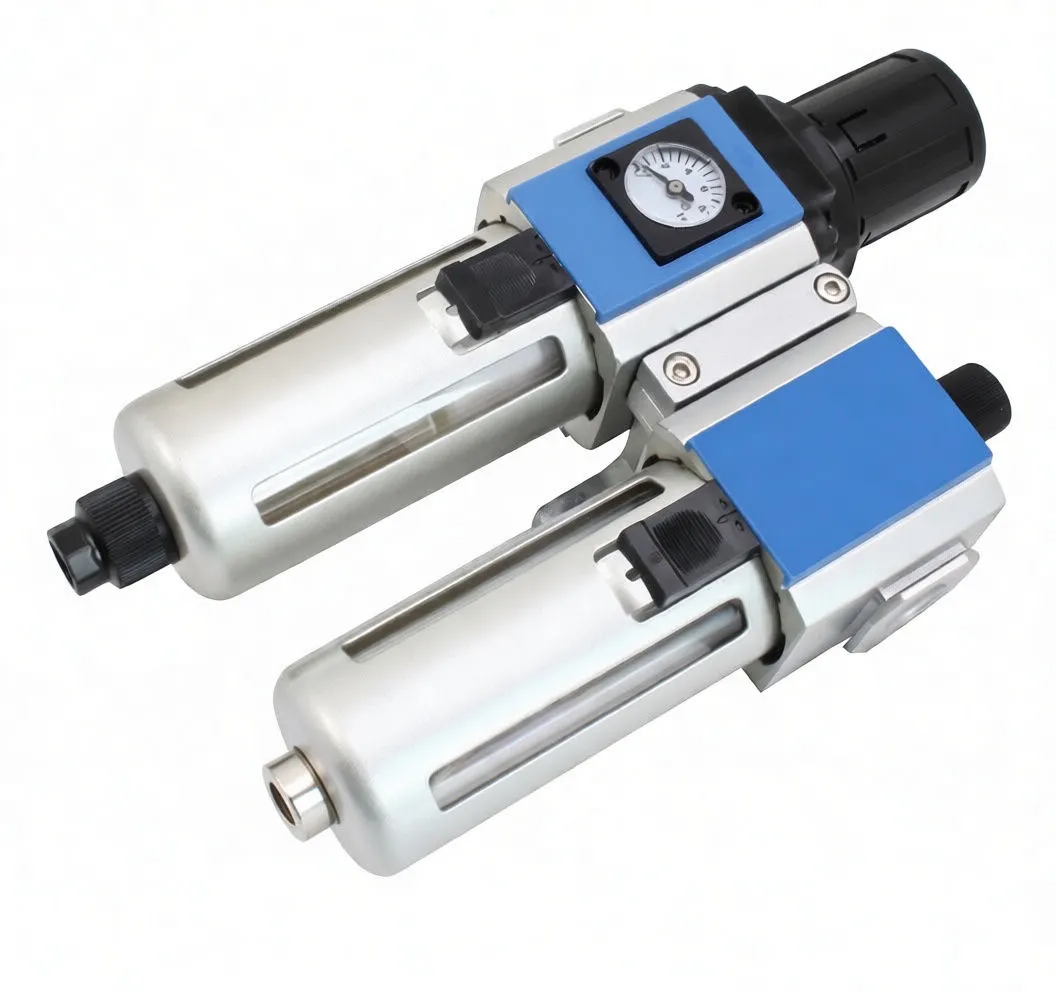 Angled top-down shot of air filter/regulator pair showing pressure gauge, ASTA logo and bowl windows