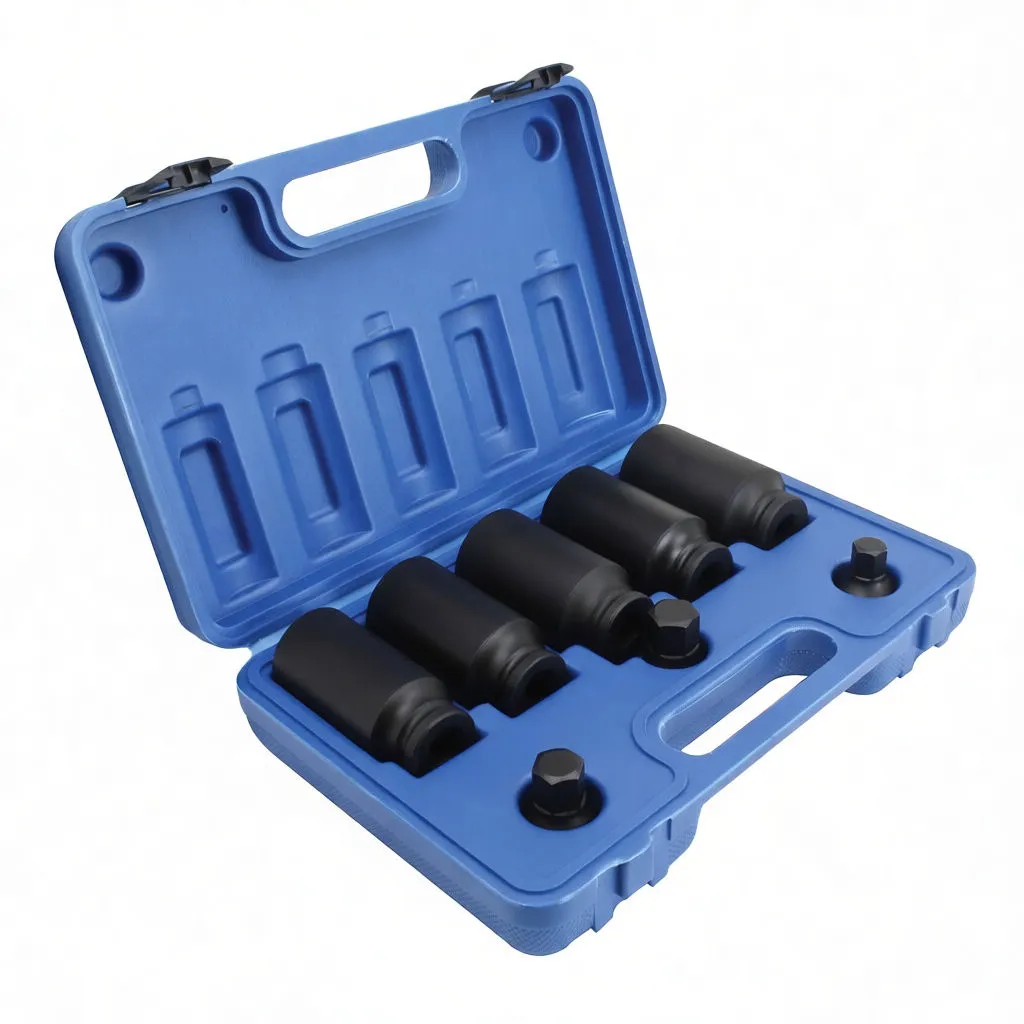 Angled perspective of blue case with five deep impact sockets and three adapters, sockets labeled 'satra CR-MO', handle and latches visible