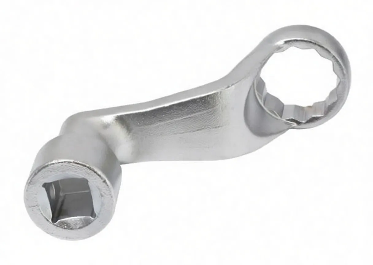 Side view of chrome offset oil filter wrench showing 12-point 24mm box end, square drive socket end, and stamped logo/size