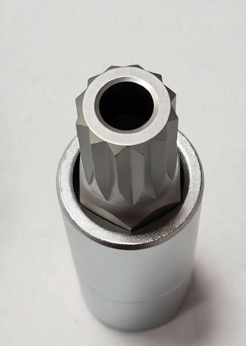 top view of splined XZN bit inside chrome socket showing hollow center and hex shoulder