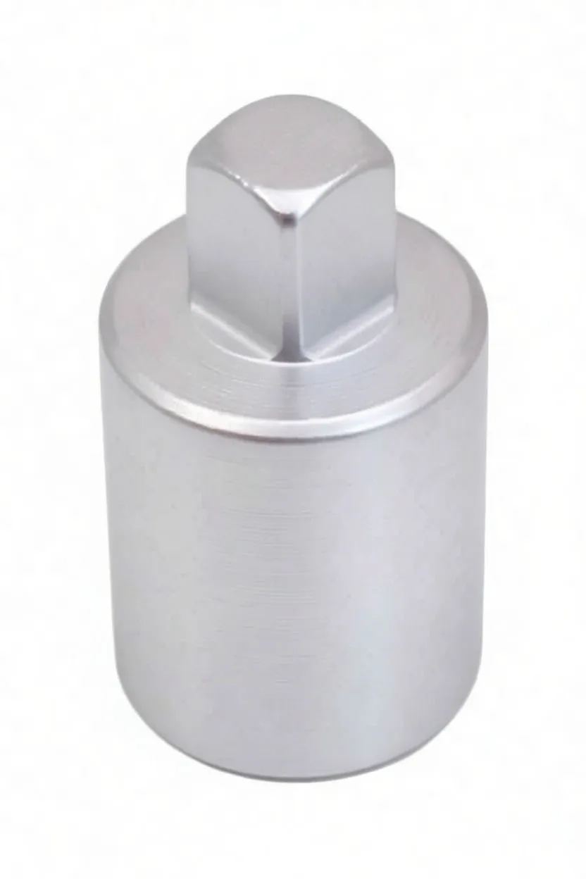 Rear/side view of chrome adapter showing female square recess, visible detent ball on male drive and stamped size/part marking