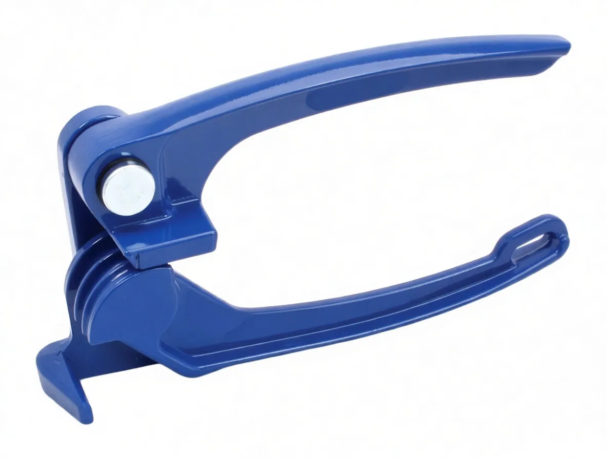 Close view of blue brake pipe bender showing pivot pins, stamped text on lower arm and stepped bending die