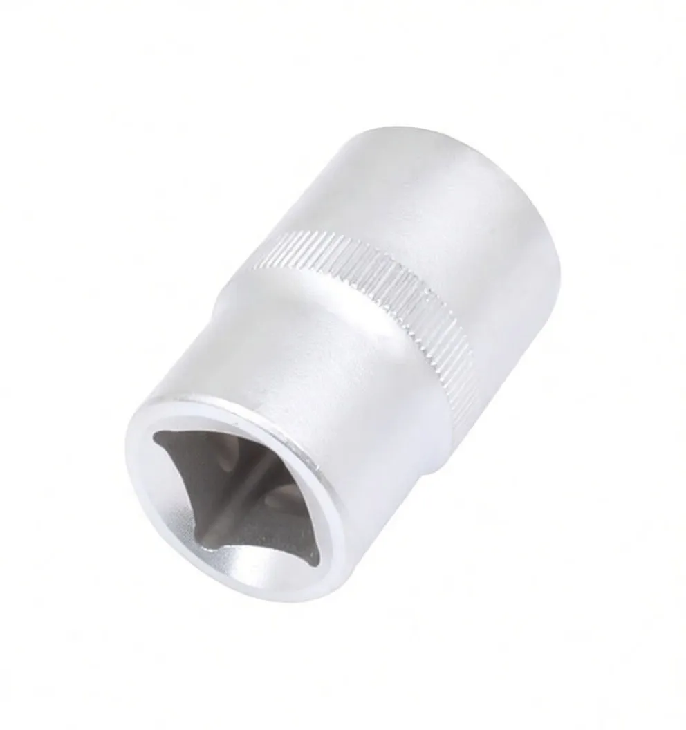 Diagonal view of a satin chrome 6-point socket with knurled mid-band and embossed marking