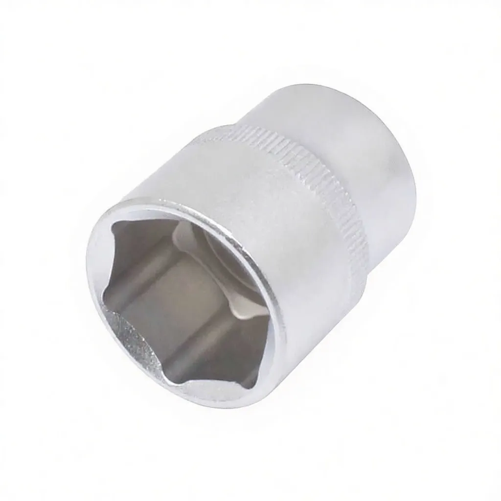 Side-angle view of a silver chrome hand socket with knurled band and raised brand marking