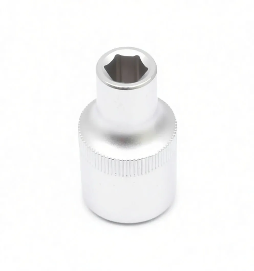 Top view of a chrome 6-point 9mm hand socket with knurled mid-band and visible brand emboss