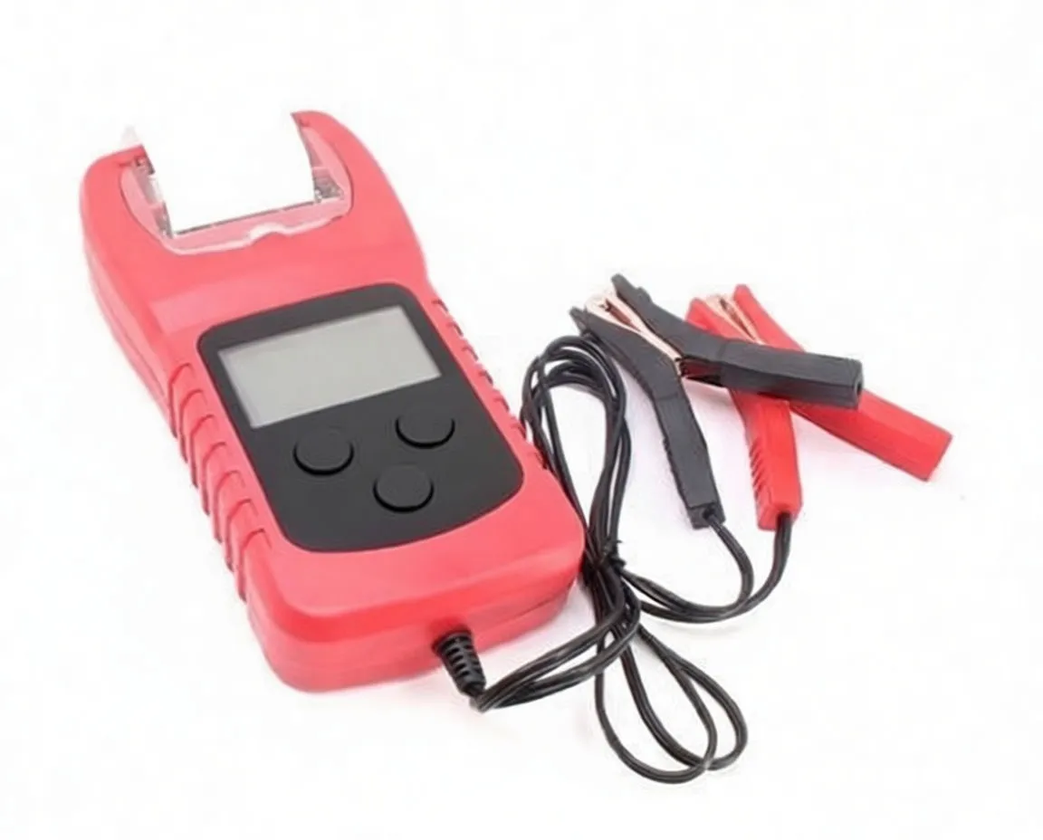 Red battery analyzer with small printer, LCD, three buttons and red/black clamp leads on white background.