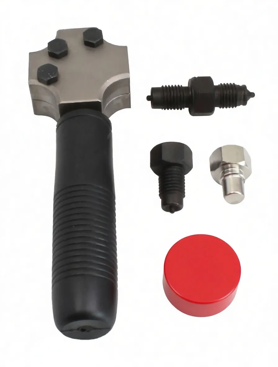 Flaring tool and accessories laid out: handle with metal head, three punches/adapters, and red grease pot on white background