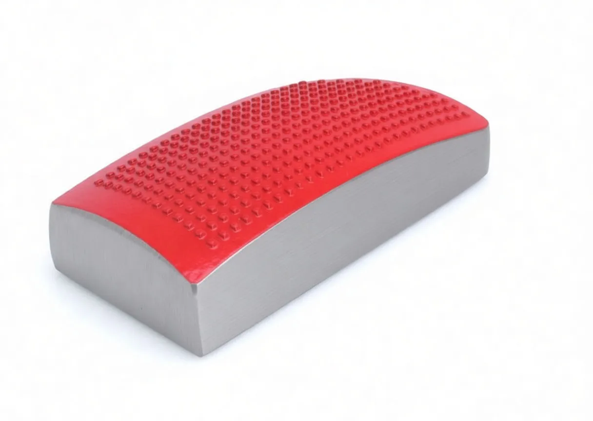 Three-quarter view of a compact metal smoothing block with red raised-stud top and ASTA LDP150 marking.