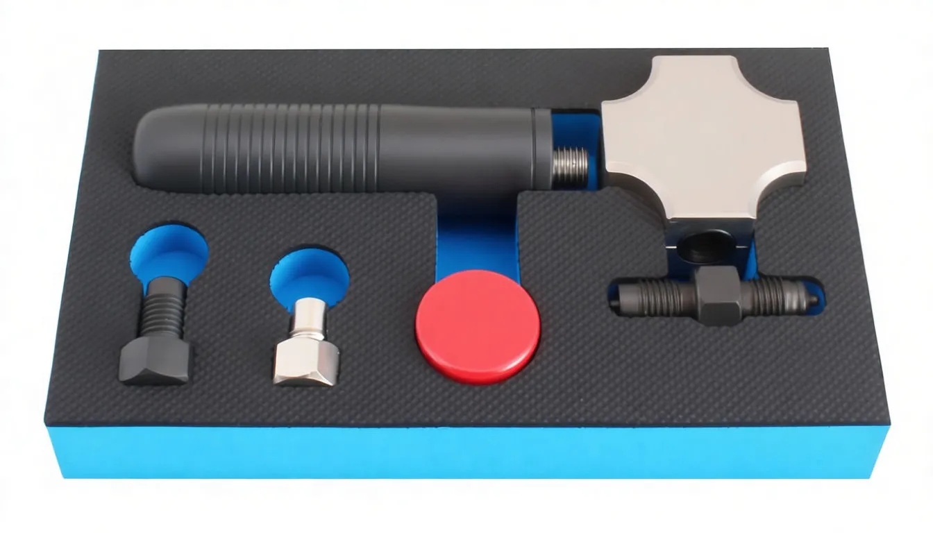 Angled view of pipe flaring tool kit in foam with handle, metal flaring head, adapters and small grease pot, ASTA logo