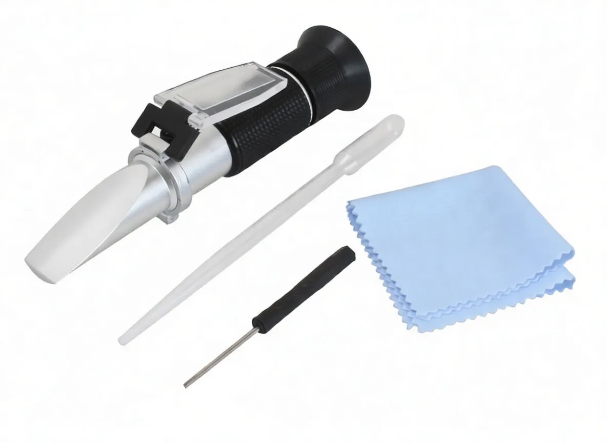Refractometer with open prism cover, pipette, small screwdriver and blue cloth on white background
