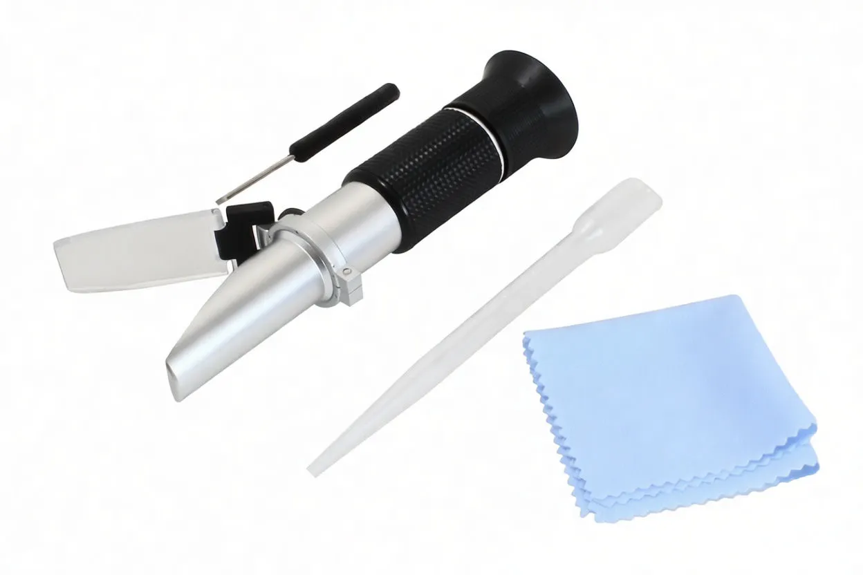 Angled refractometer with open prism cover, pipette and cloth, showing textured grip and silver barrel text