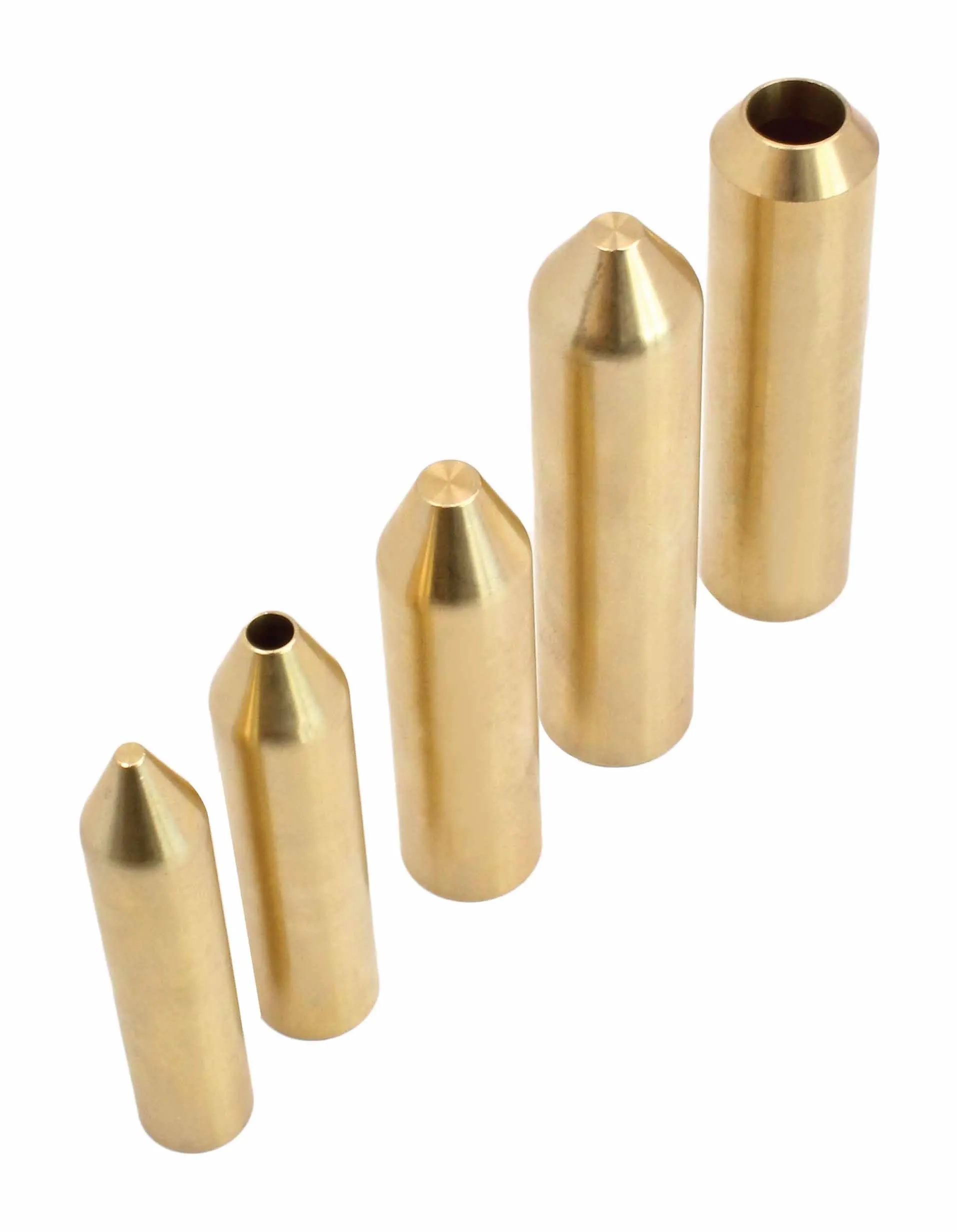 Five gold-colored cylindrical installation heads with conical and open ends lined up, showing machined smooth surfaces and varying lengths.
