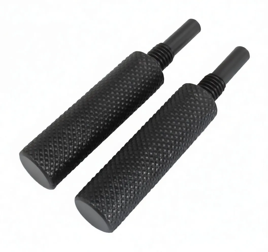 Angled view of two black timing tools with knurled grips, visible M8 X 1.25 text and a small white brand/logo on one handle, showing pins and threads.
