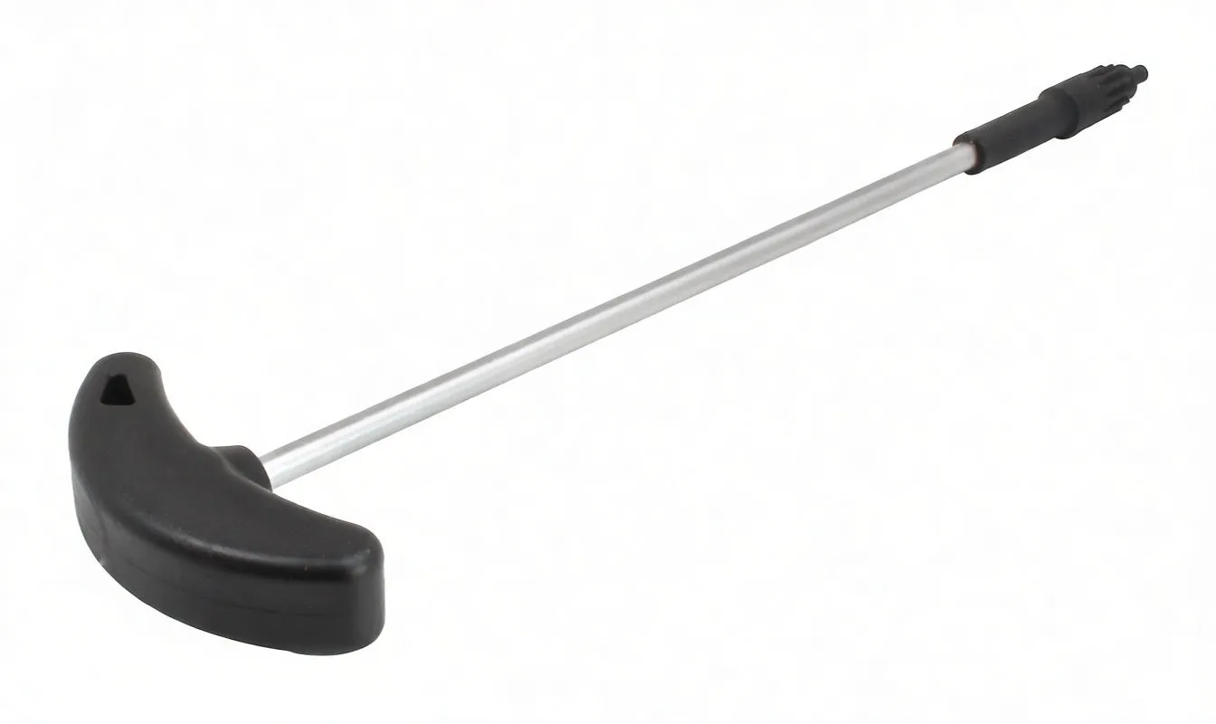 Diagonal perspective of T-handle headlight adjuster showing curved handle, metal shaft and toothed spline tip