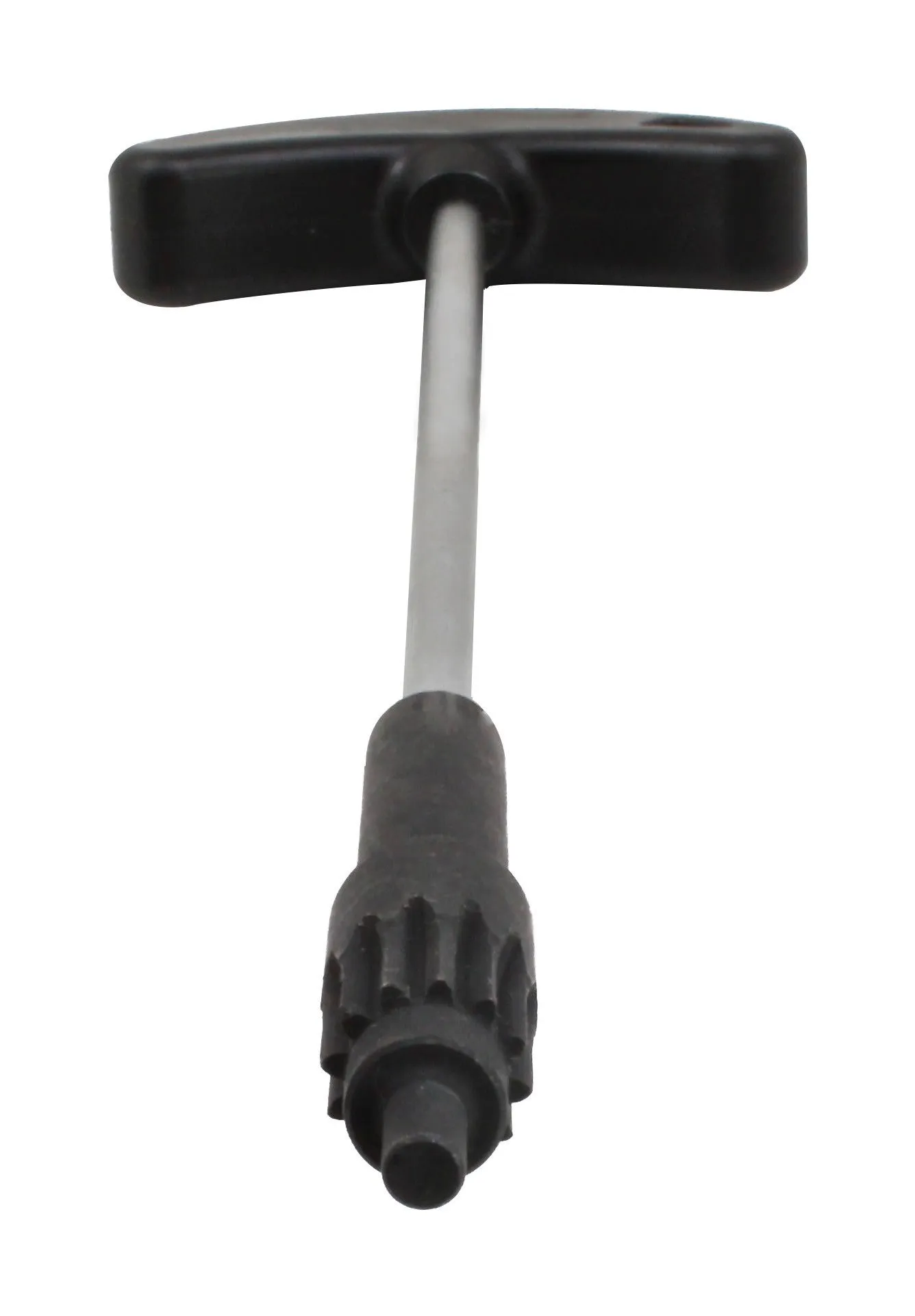 Front-on close-up of headlight adjustment tool showing T-handle, metal shaft and close-up of multi-lobed spline tip