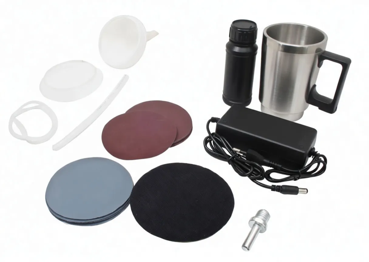 Angled view of restoration kit showing mug, bottle, funnels, adapter, mandrel, discs and velcro pad