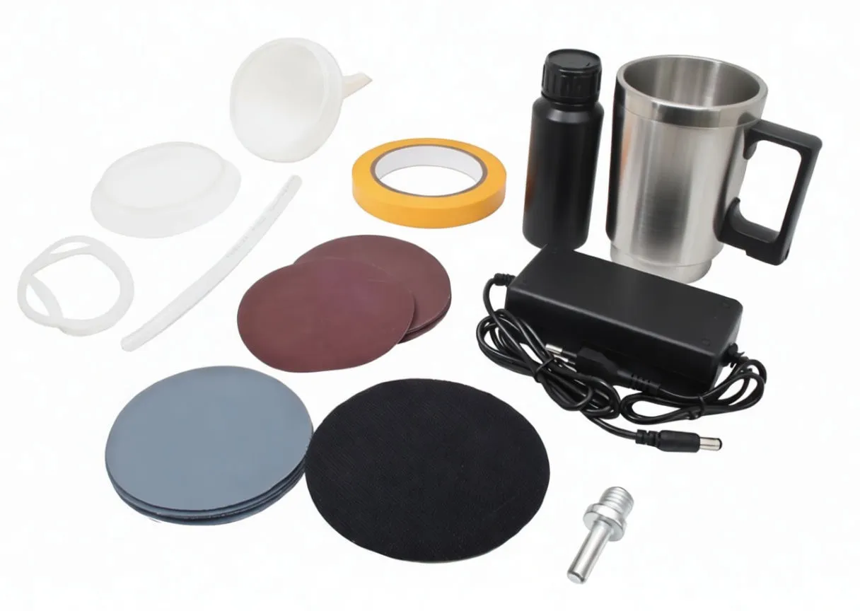 Kit laid out with before/after headlight inset images and sanding discs, funnels, adapter, mug