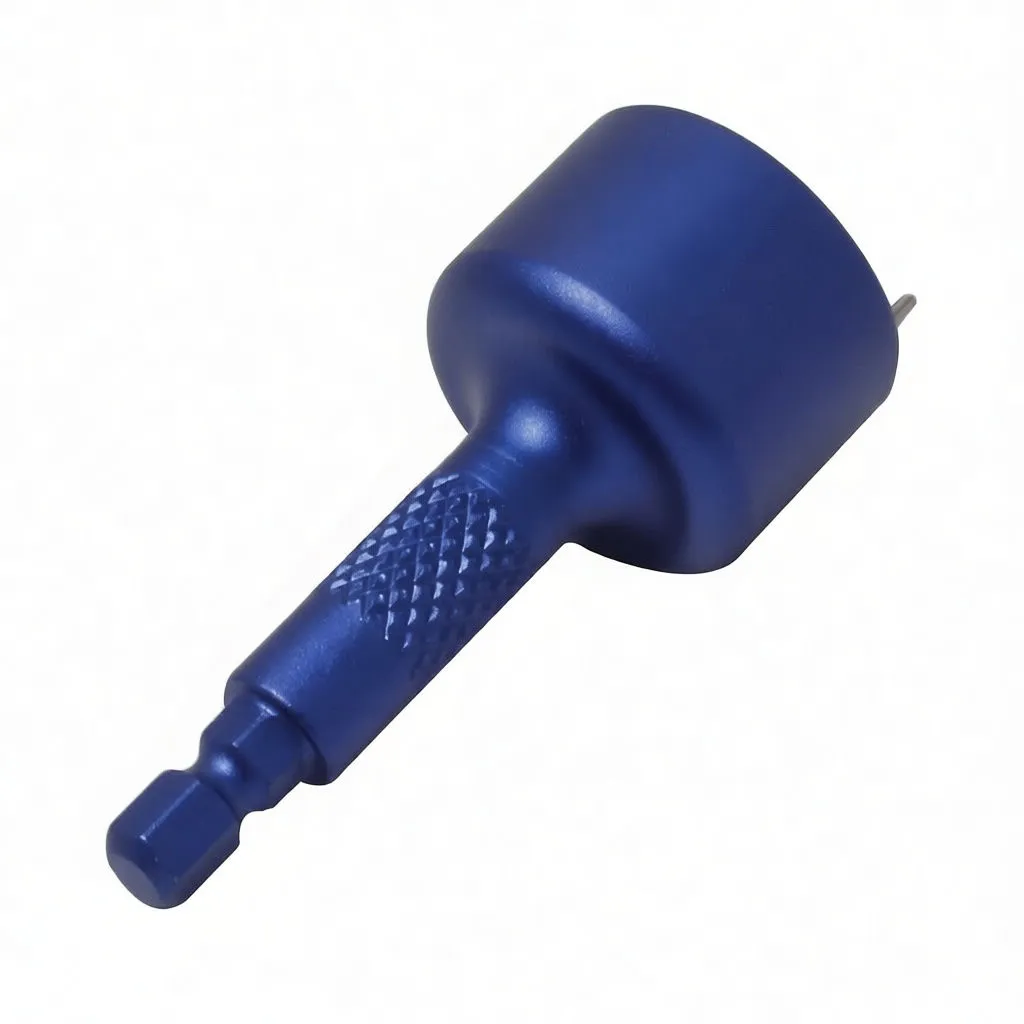 Angled view of ASTA blue tool showing knurled shaft, hex shank and brand marking