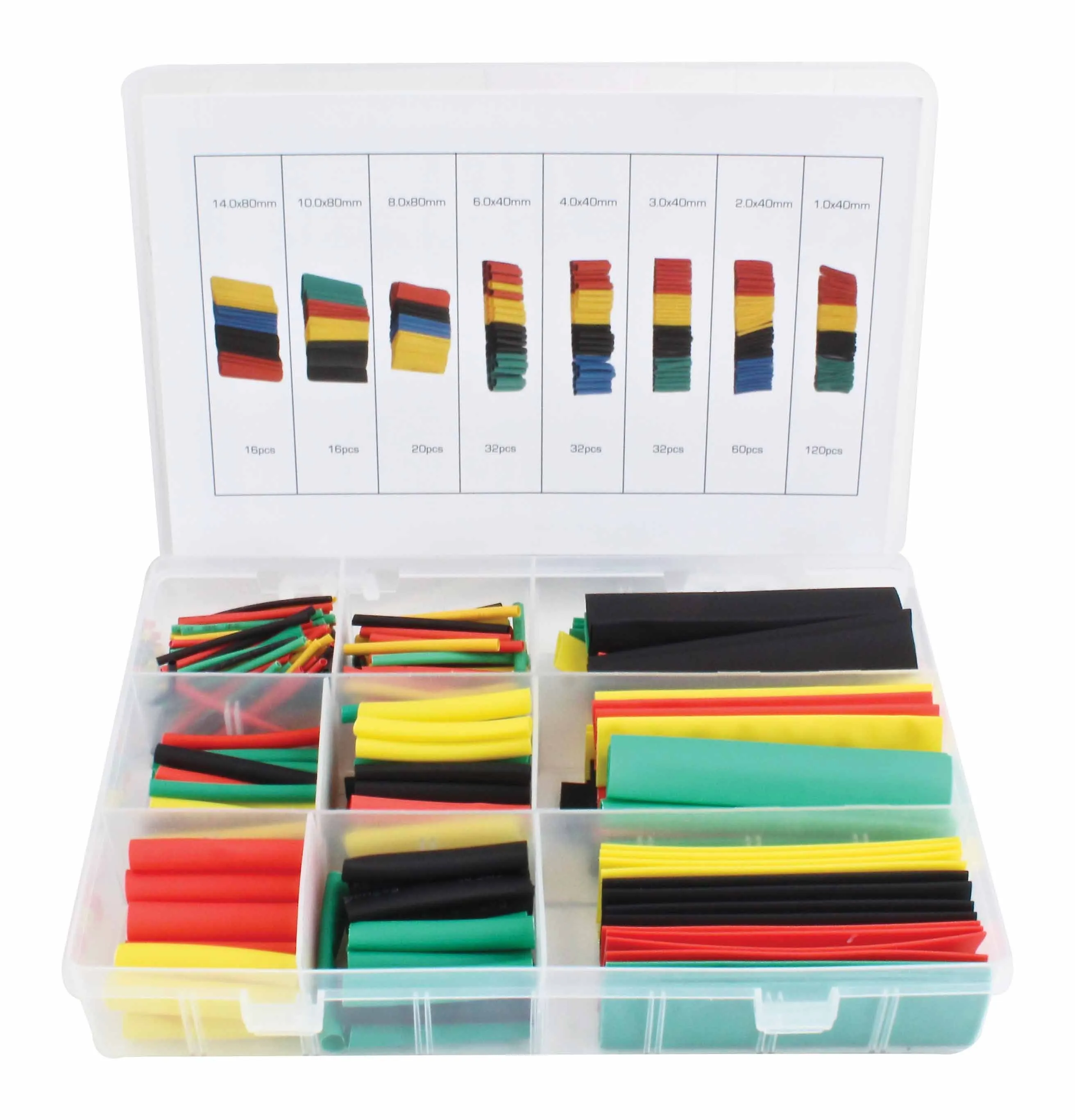Front-facing open organizer box showing sorted heat shrink tubes and a printed size/count chart on the lid.