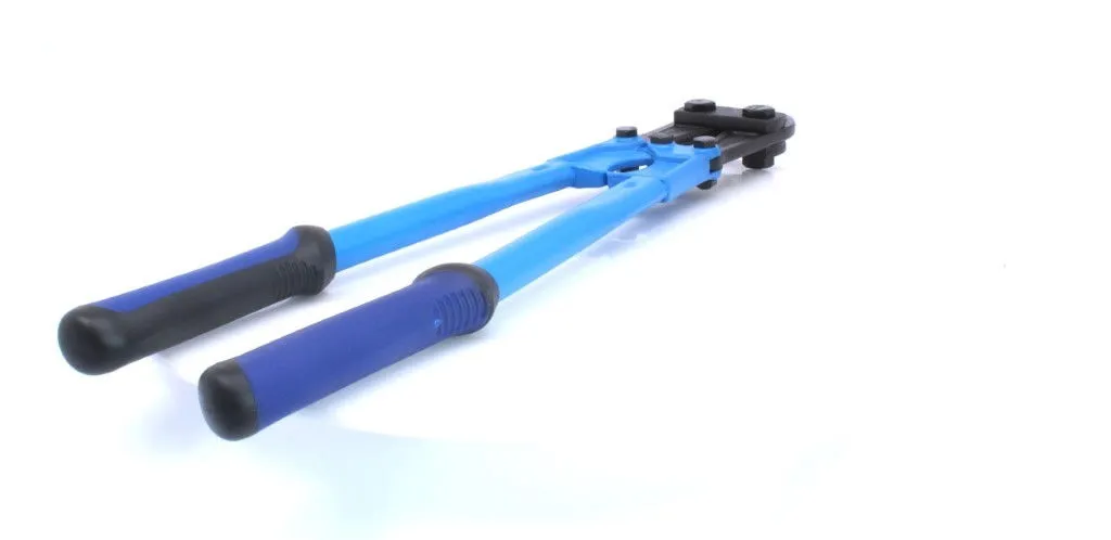 Perspective view along blue handles of bolt cutters toward the black cutting head
