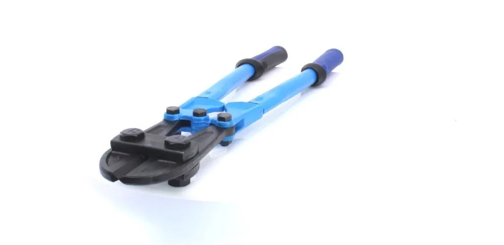 Close low-angle view of bolt cutter head showing bolts, hinge plates and cutting jaws