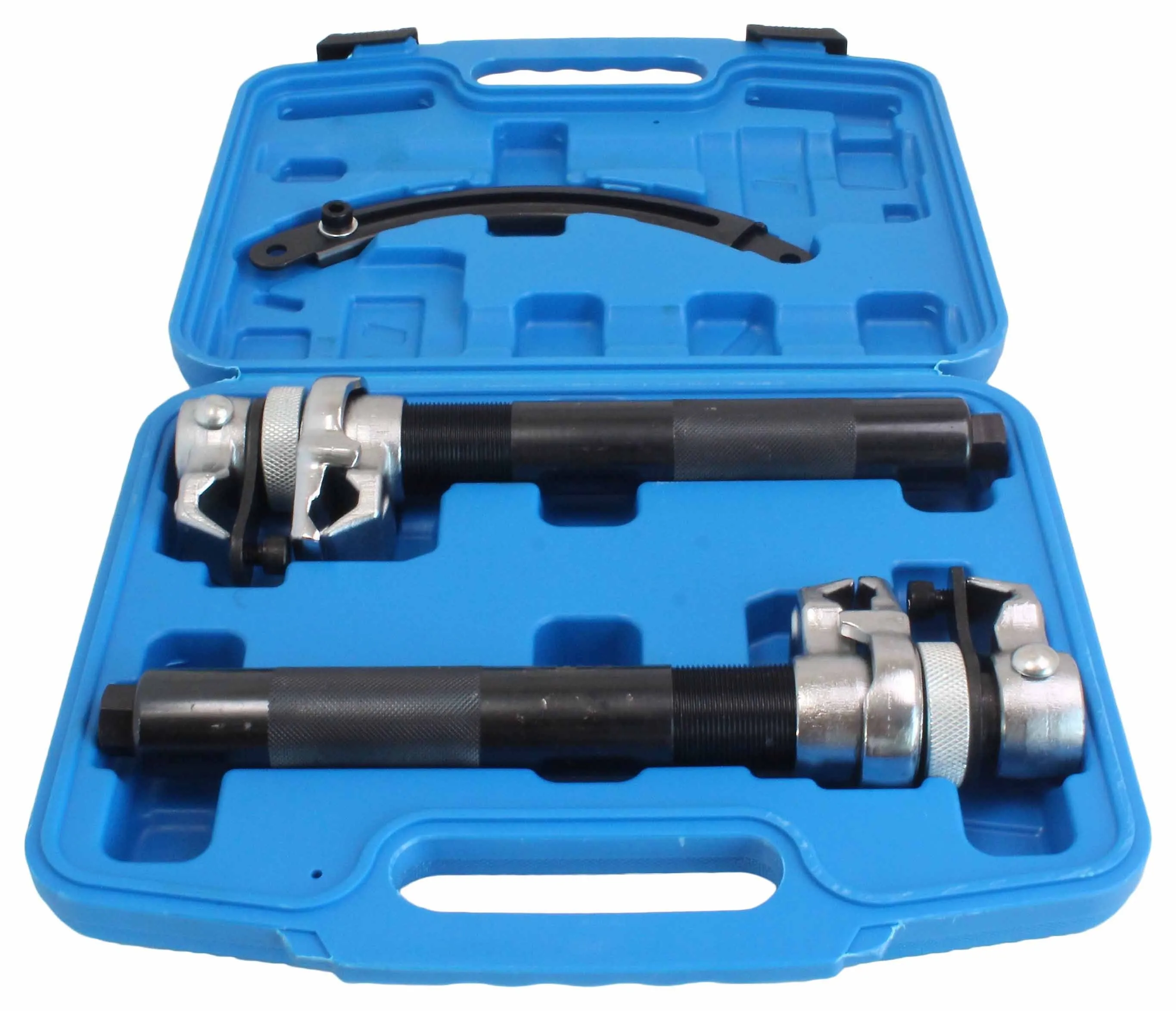 Close-up of coil spring compressor components in a blue case: black threaded rods with knurled sections, silver jaw clamp assemblies with locking collars, and molded storage cavities.