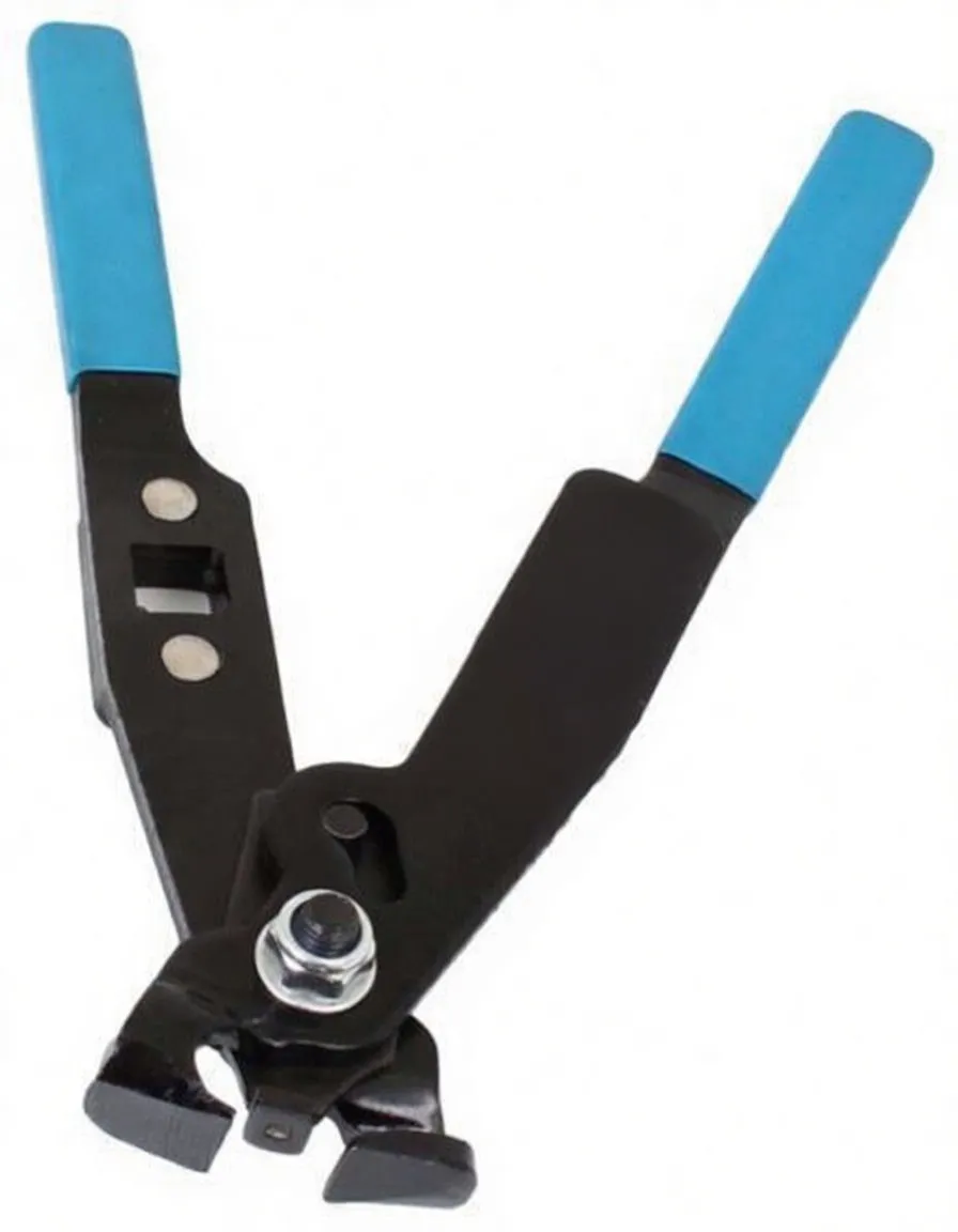 Angled view of pliers highlighting pivot bolt, rivets, stamped marking on arm and curved clamp jaw