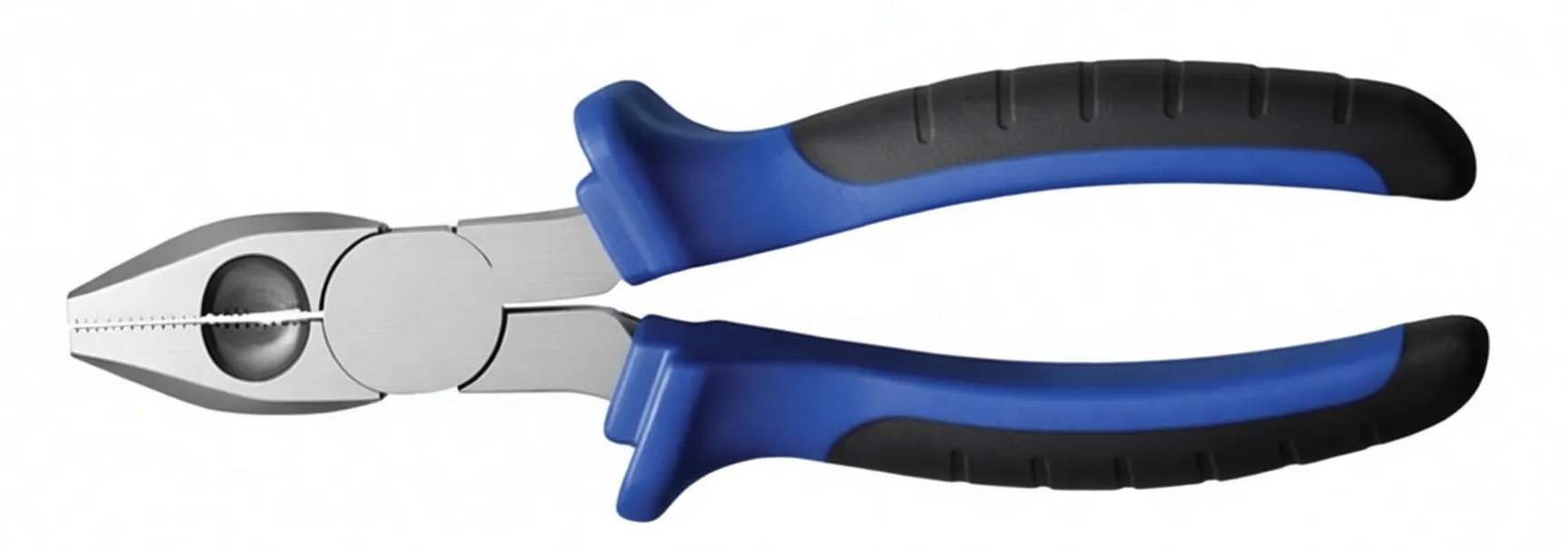 Angled view of diagonal cutting pliers resting on white background, showing open blue-and-black handles and cutting head with stamped marking.