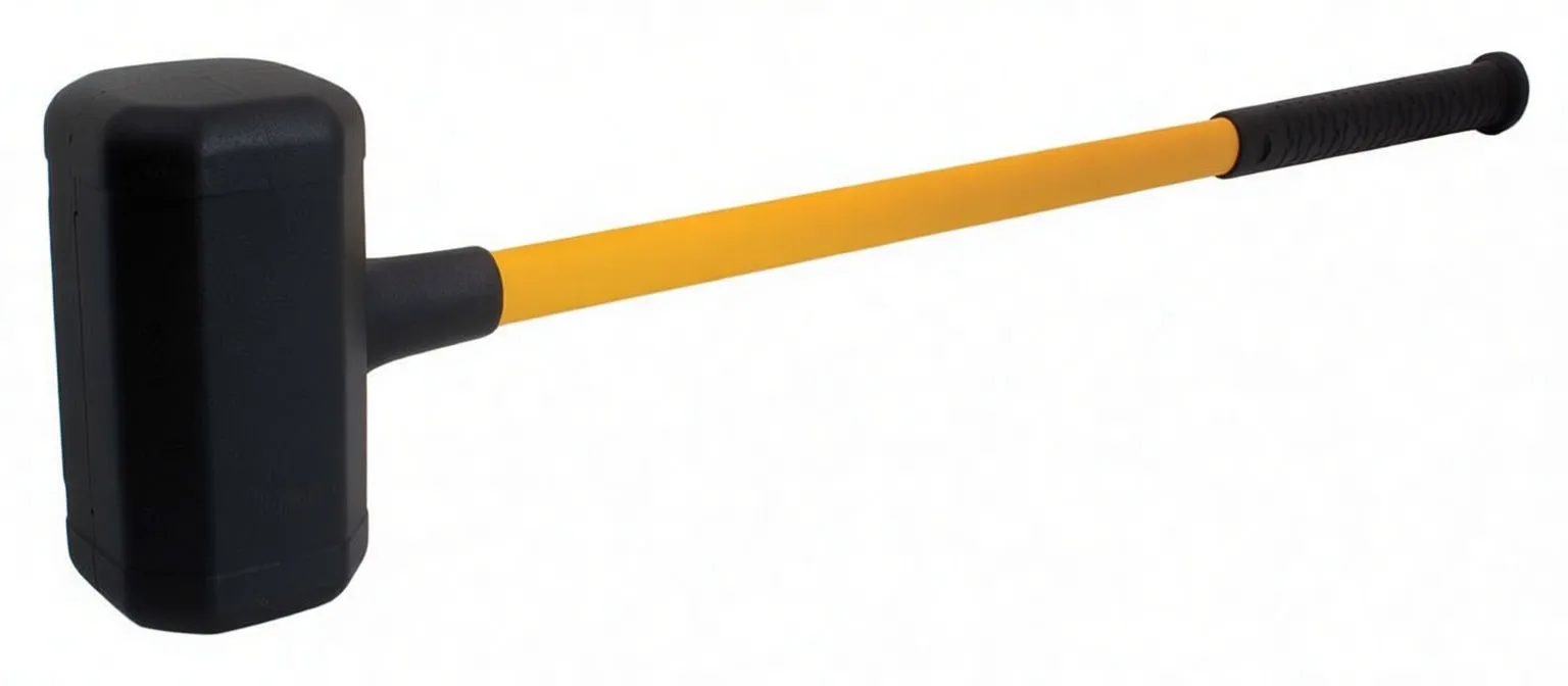 Side view of black rubber mallet head on yellow shaft with embossed panel and black grip