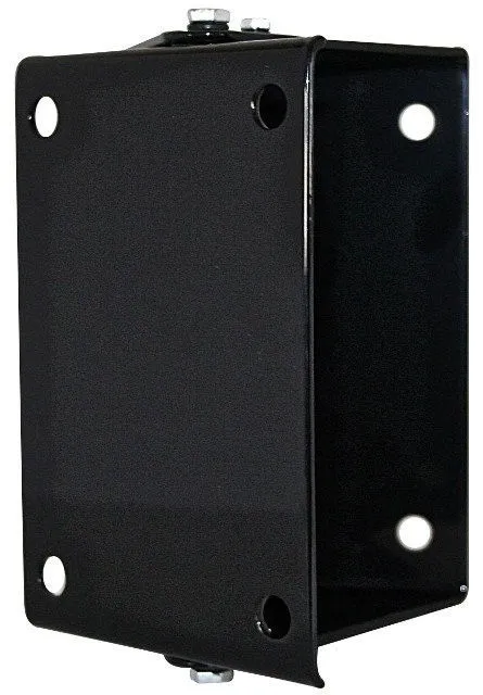 Front view of black rectangular wall bracket with four mounting holes, open channel and bolts on top.