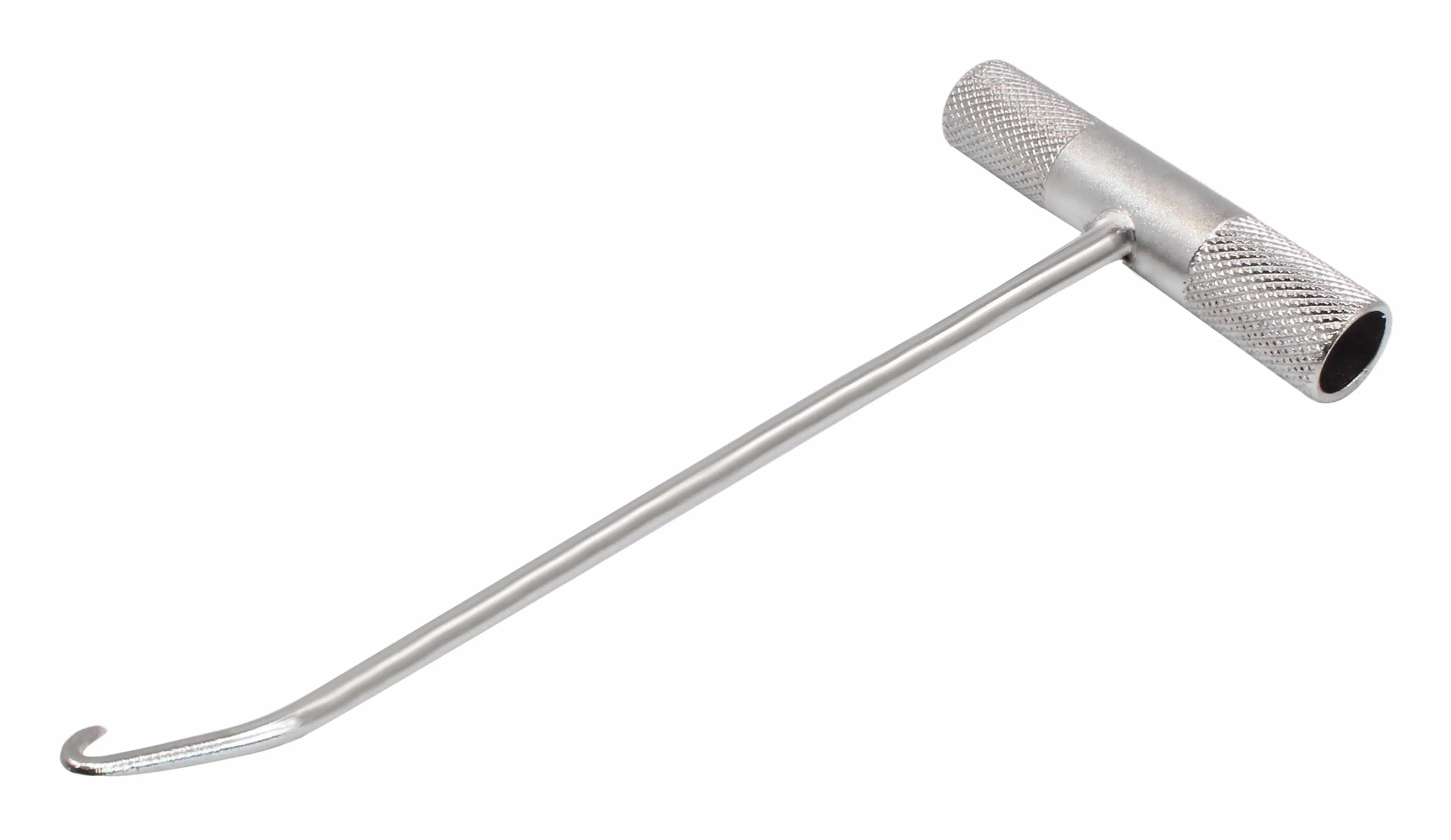 Bright metal T-handle hook with knurled ends and long straight shaft ending in curved tip