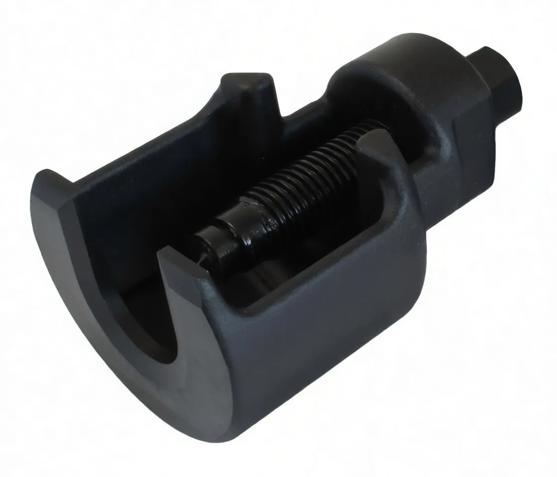 Side/top perspective of black U-shaped ball-joint remover showing curved interior, threaded shaft and hex head