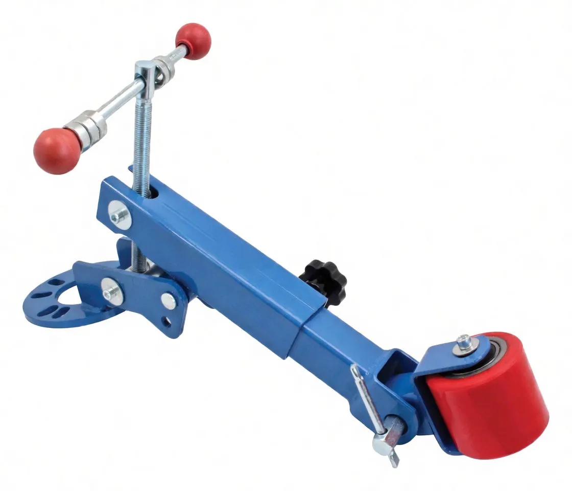 Side perspective of blue fender venting machine showing main arm, threaded rod with T-handle, black adjustment knob and rear red roller