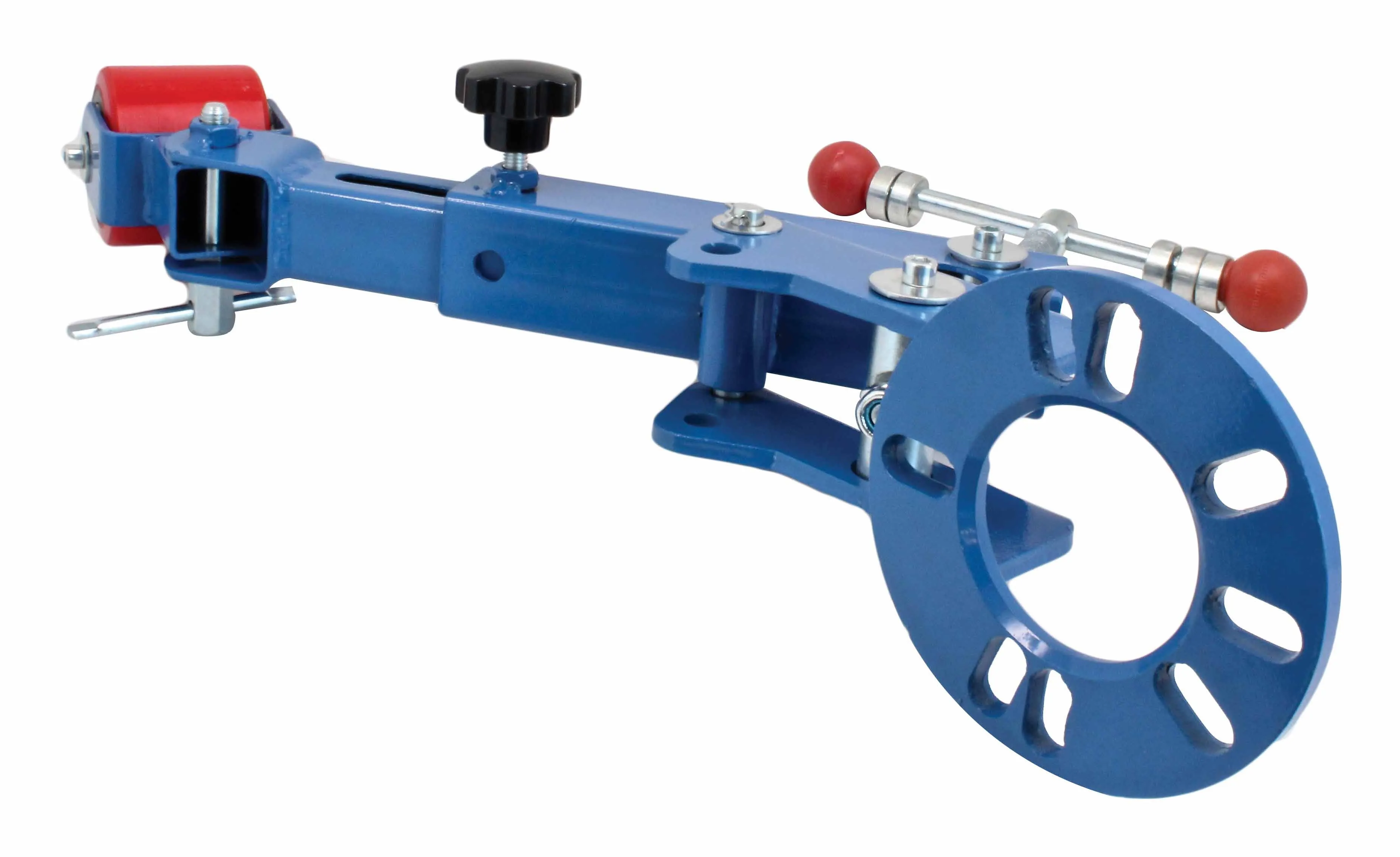 Side profile of fender venting machine highlighting circular slotted flange, hinged linkage and rear roller mount with wing nut