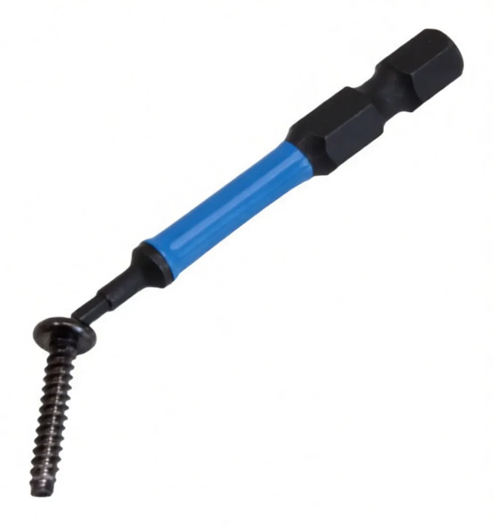 Front view of hex2 50mm bit with blue ASTA sleeve, tip up and hex drive shank below