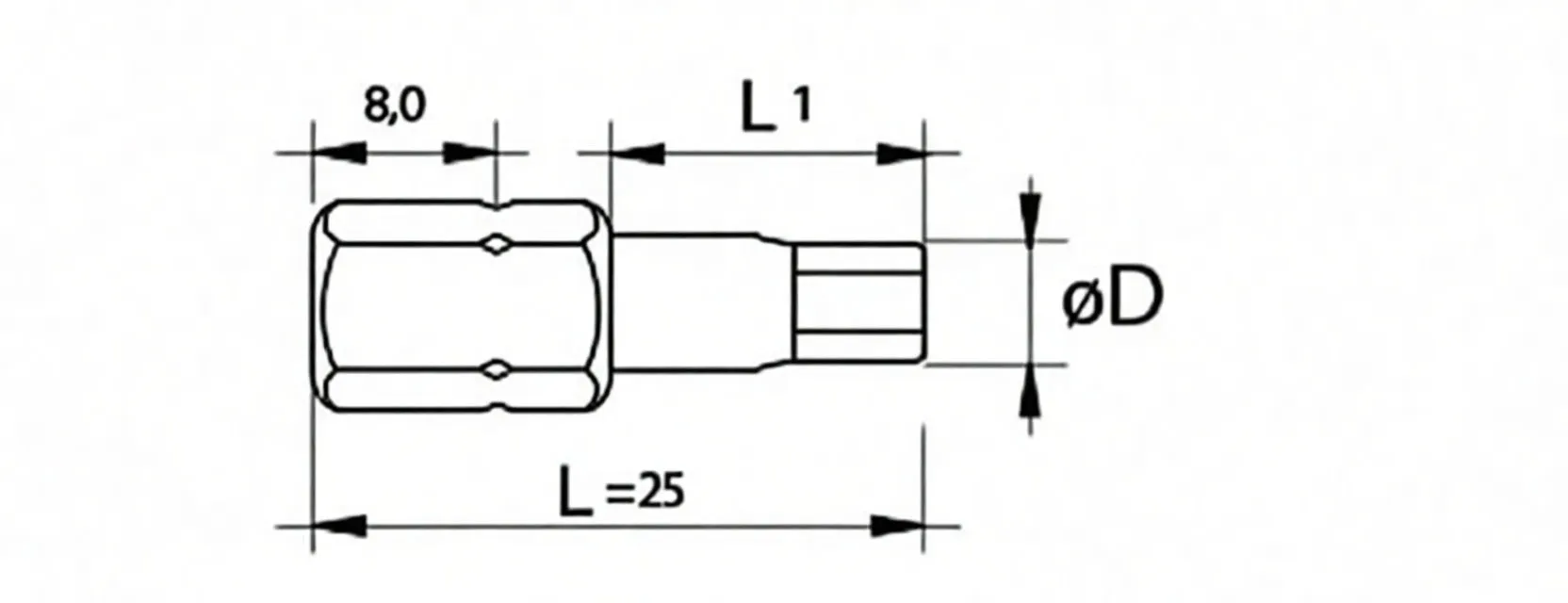 Line drawing of a 25 mm hex screwdriver bit with dimensional callouts and hex cross-section symbol