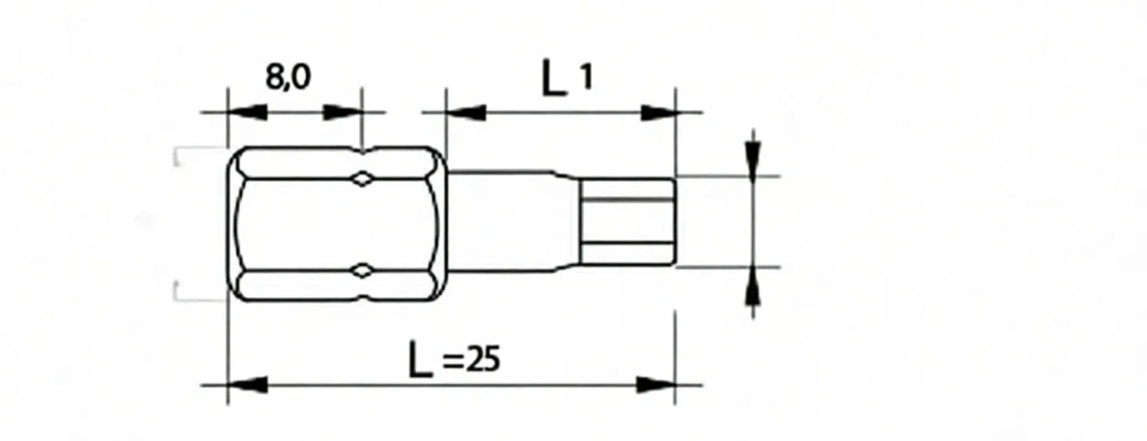 Technical drawing of a HEX6/25mm bit with dimensions: 1/4" (6.35 mm) drive, L=25 mm, 8.0 mm callout and hex end view