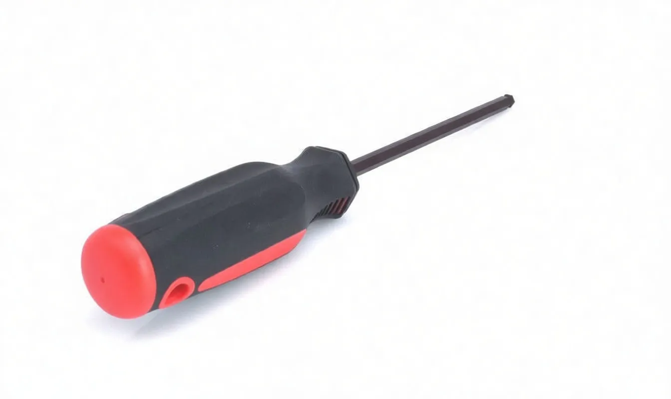 Ergonomic black and red screwdriver handle with red butt cap showing printed markings and a dark hexagonal shaft