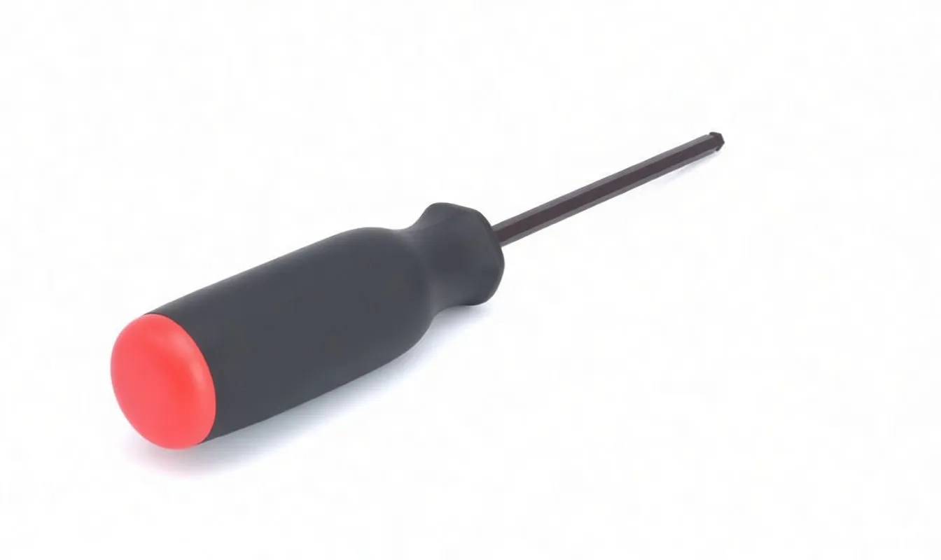 Handle-first view of black and red hex ball screwdriver showing circular end cap with markings, textured grip and long hex shaft
