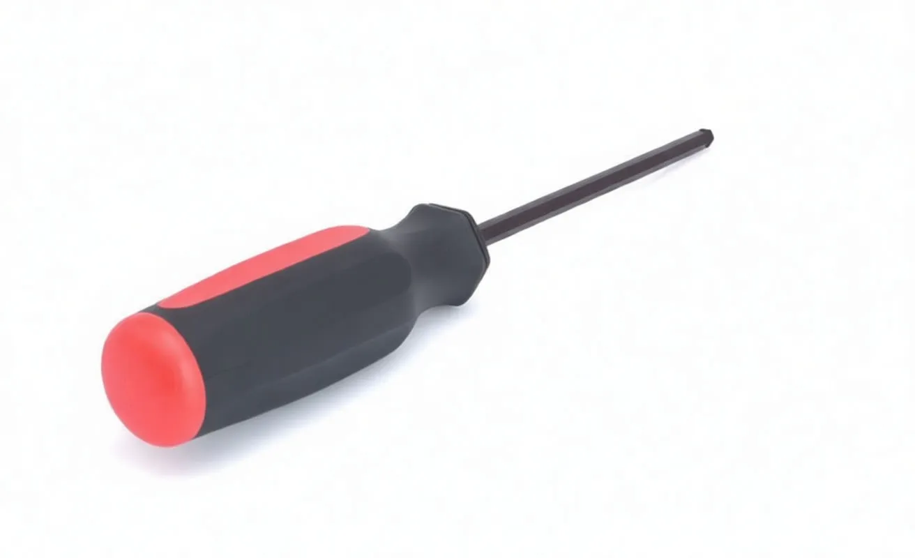 Handle-end view of hex ball screwdriver showing black/red ergonomic grip, circular marking on end cap, and long hex shaft