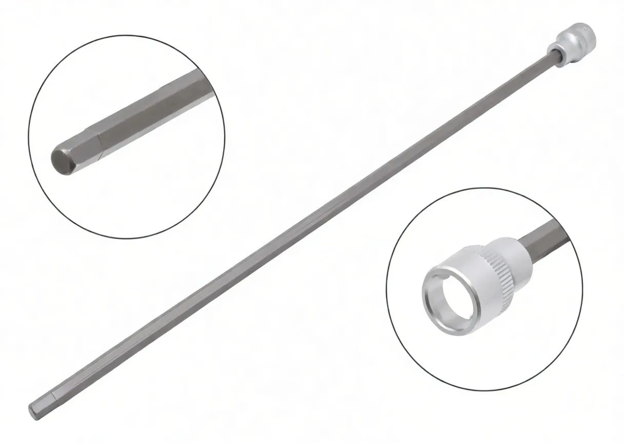 Diagram of 6mm hex bit 355mm long with 3/8 inch drive socket and close-up insets showing tip and socket