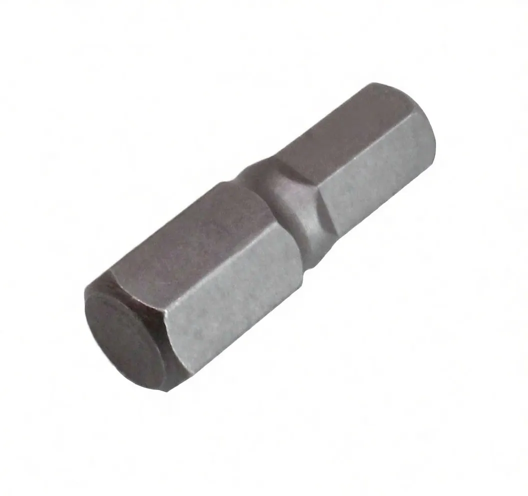 Rotated view of hex driver bit showing hex geometry, central neck and ASTA embossing