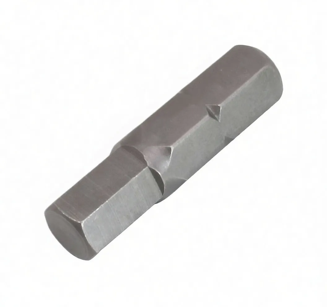 Angled full-length view of hex bit showing ASTA marking and hex ends